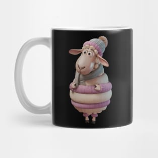 a cartoon sheep, bundled in multiple layers of woolen clothing. Mug